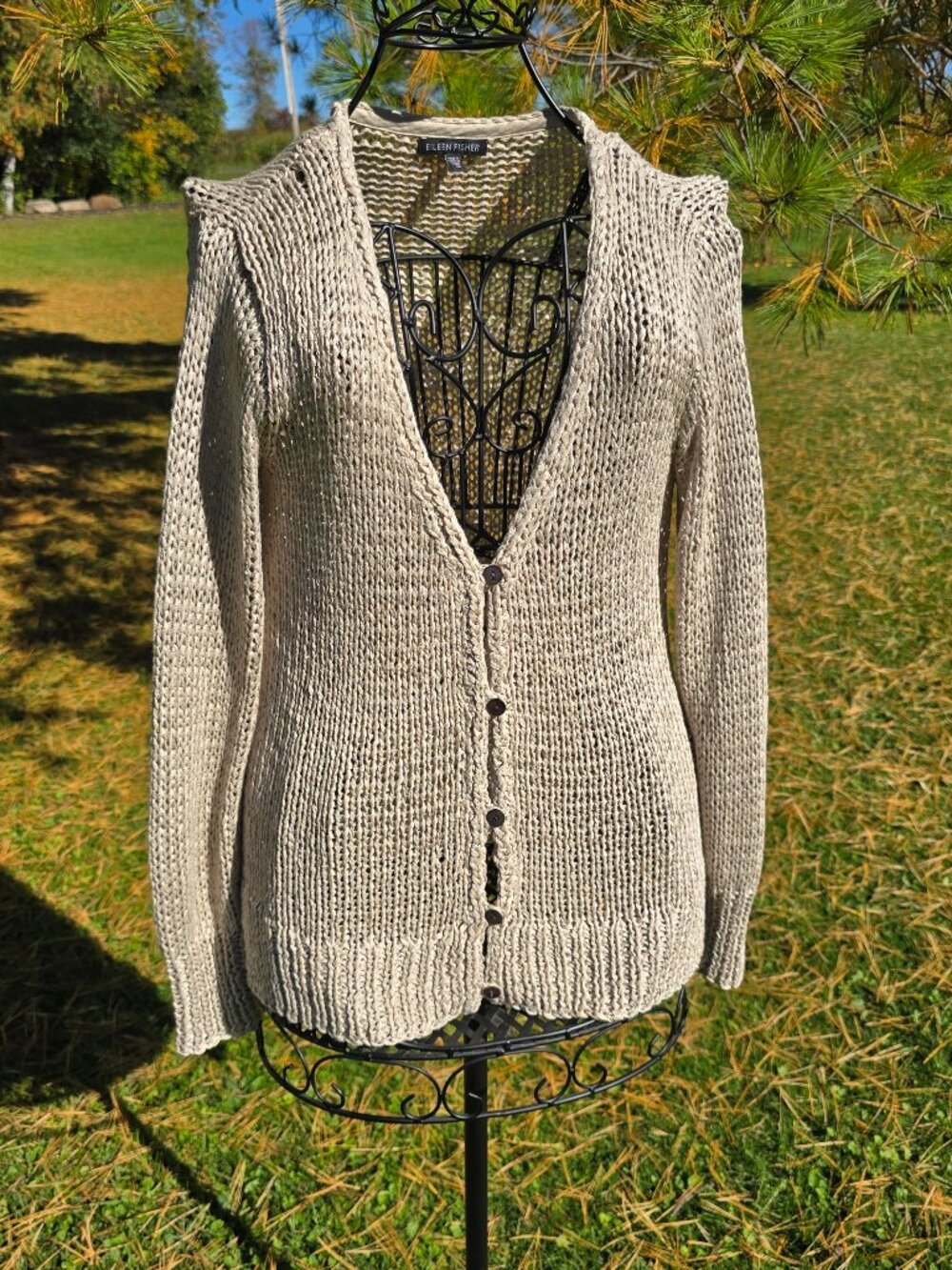 Eileen Fisher open knit button-up Cardigan, size medium, EUC tan beige